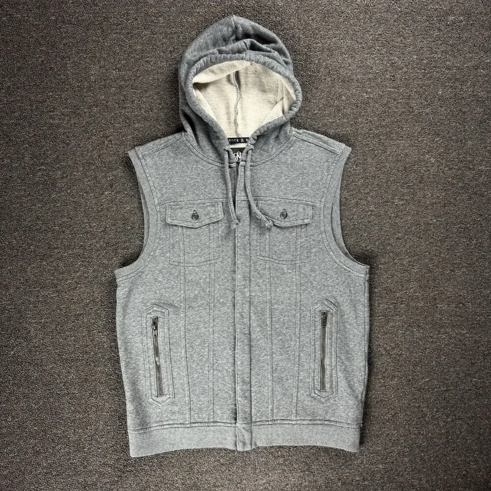 Rock & Republic Gray Hooded Sleeveless Vest Sweatshirt M Zipper Knit Y2K Grunge